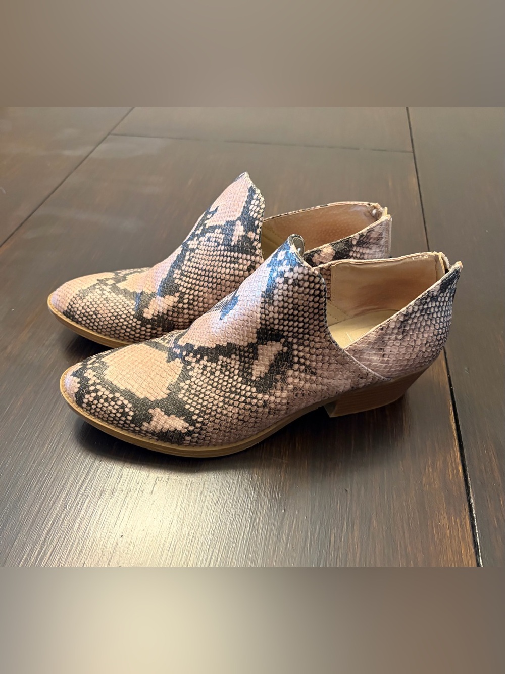 Snake-Print Cutout Low Heel Ankle Booties